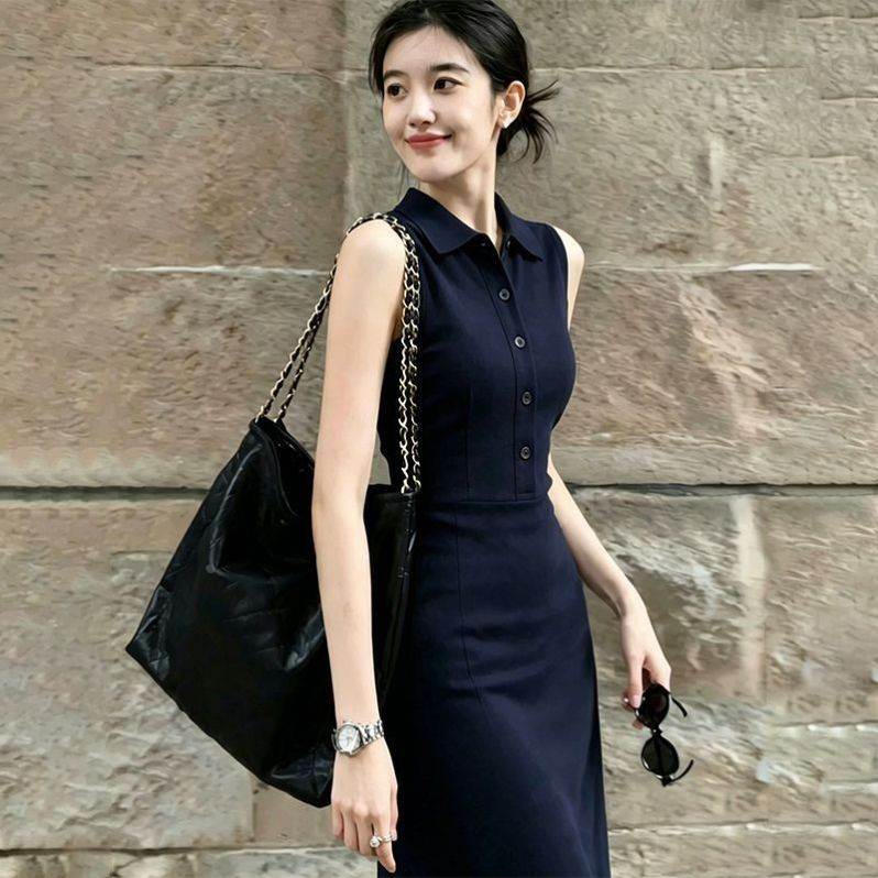 2026夏季绝美不撞款背心裙法式修身藏青色polo领无袖衬衫连衣裙女