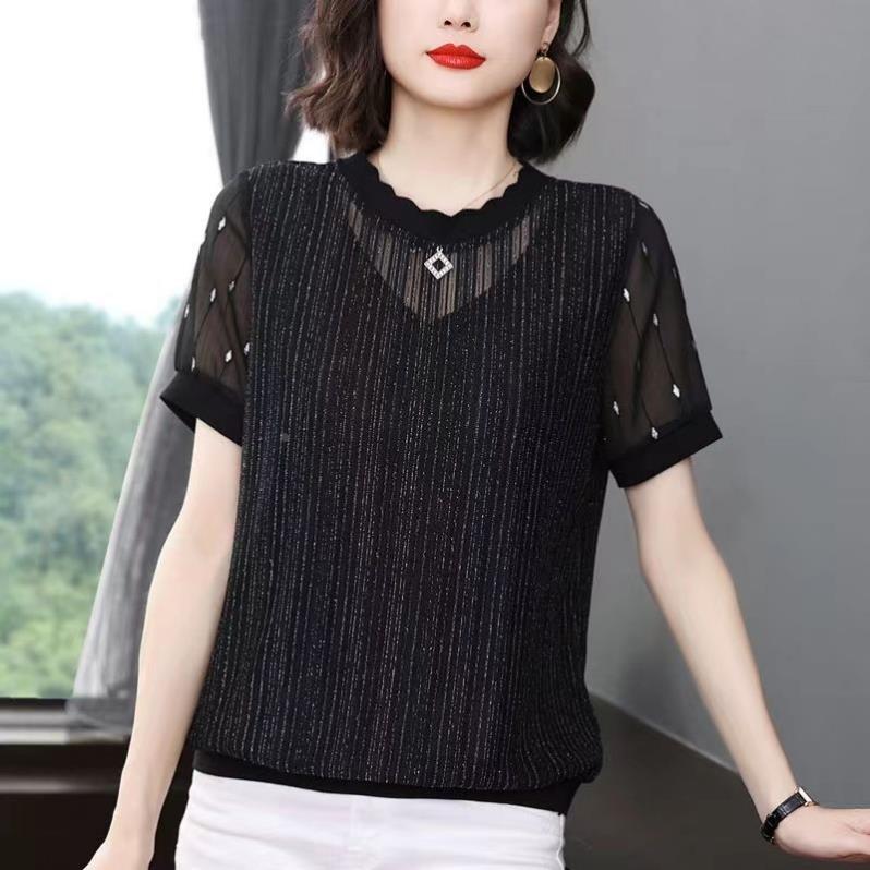 中年妈妈装气质减龄短袖蕾丝衫女夏装新款韩版宽松遮肚子上衣小衫