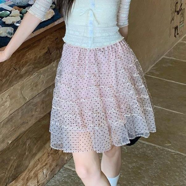 高货两件套2026新款复古大方领拼接蕾丝中袖T恤+波点半身裙套装女