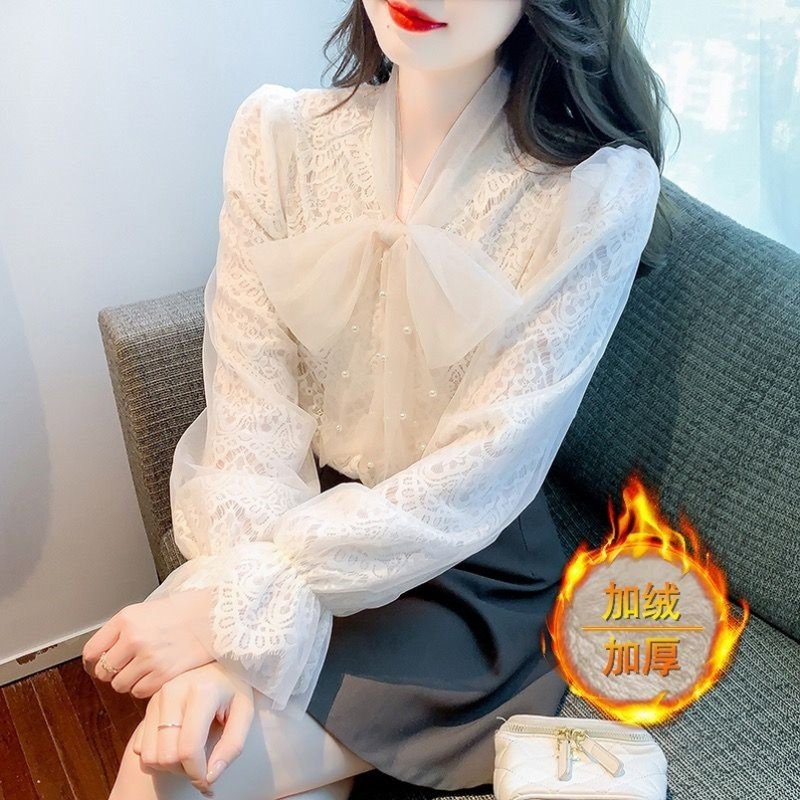秋冬加绒蝴蝶结蕾丝打底衫女秋冬洋气内搭雪纺衬衫设计感长袖上衣