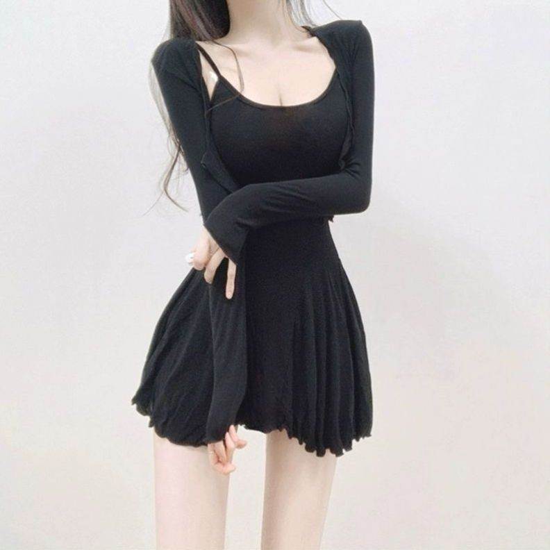 韩版春秋低胸裙子套装性感微透吊带连衣裙夏装女神范气质两件套