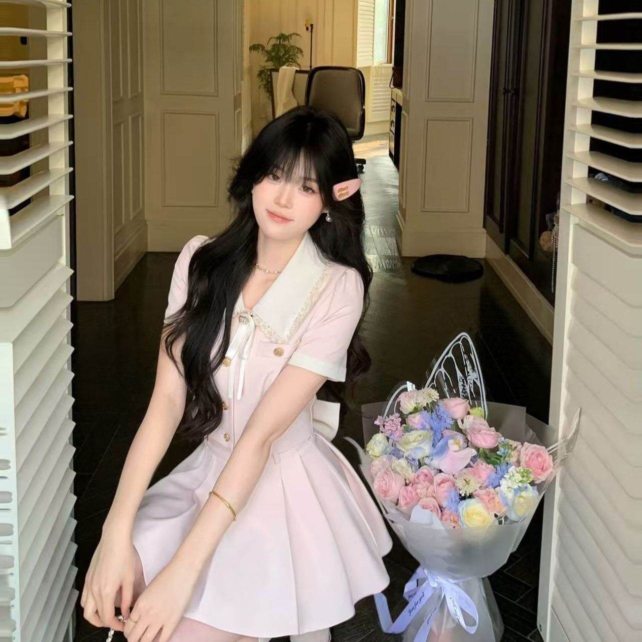 小个子粉色系翻领纽扣设计上衣甜美精致公主蝴蝶结短裙学院风