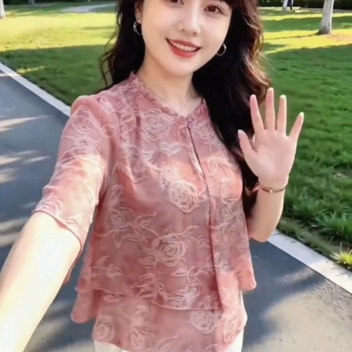 优雅时尚t恤女夏季新款气质轻奢轻薄凉快宽松遮肚子减龄雪纺衬衫