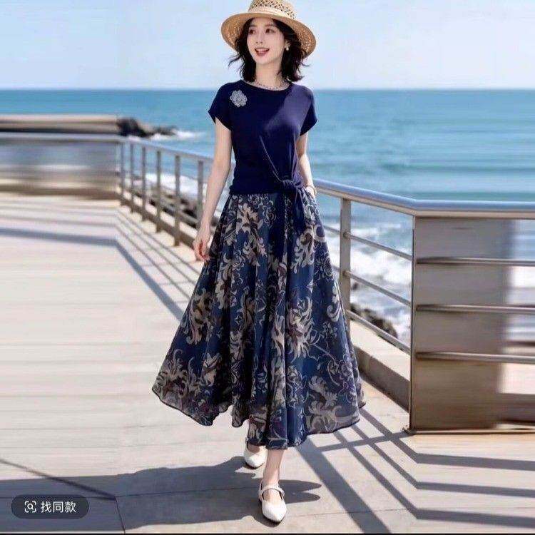法式轻奢优雅花朵短袖青花瓷大摆半身裙套装女2026夏季款显瘦穿搭