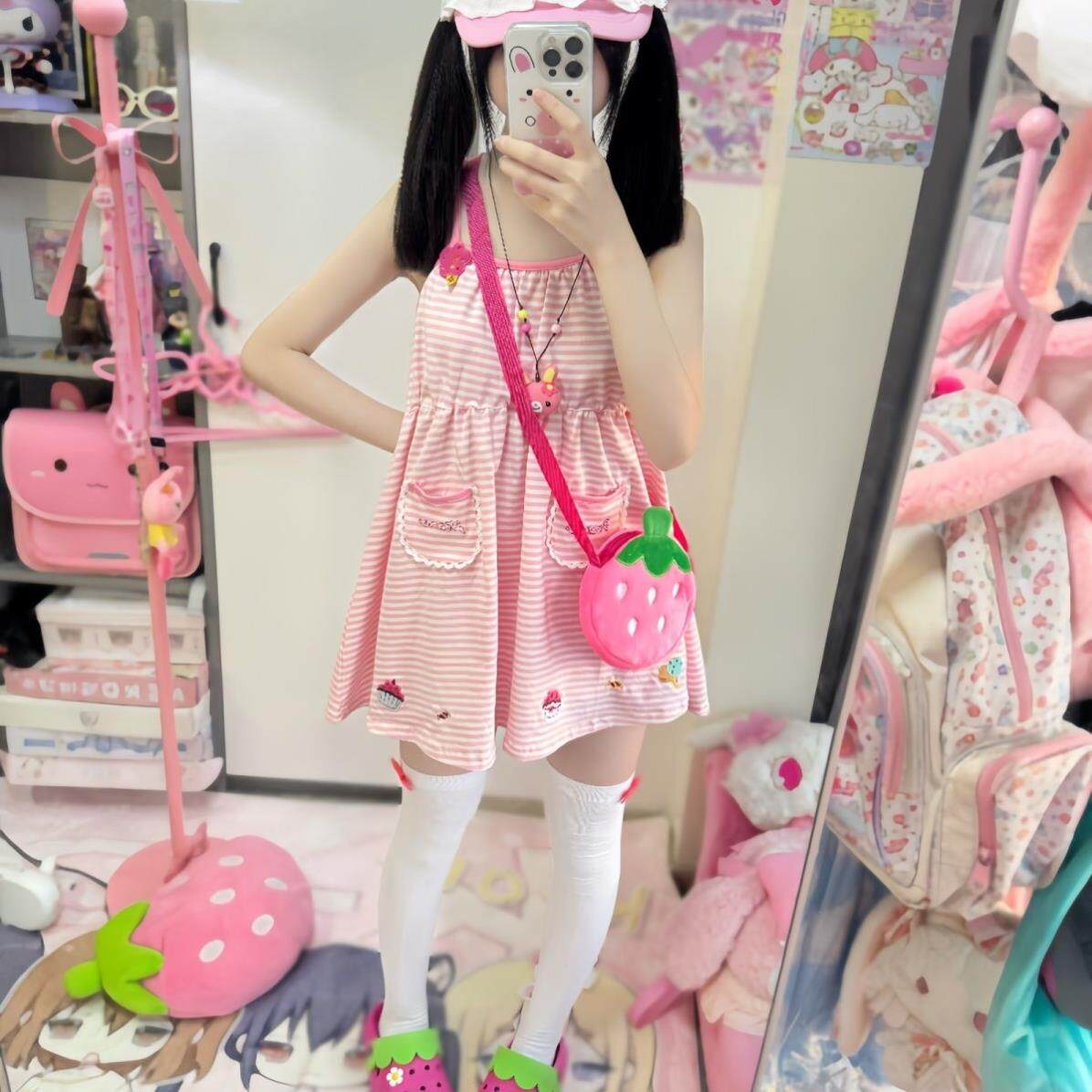 棉mp小个子连衣裙吊带可爱甜美女儿服条纹冰淇淋刺绣短裙口袋萌