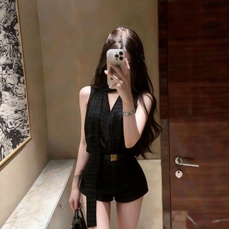 辣妹套装女夏季御姐气质飘带V领无袖背心上衣高腰显瘦短裤两件套