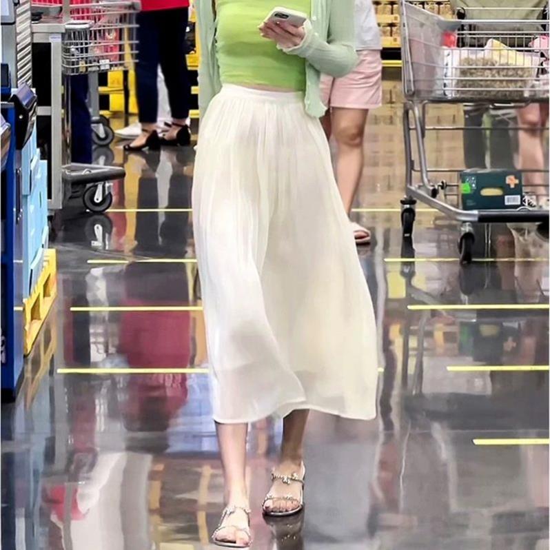 雪纺流光半身裙女2026年夏季高腰显瘦遮胯垂坠飘逸网纱a字百褶裙