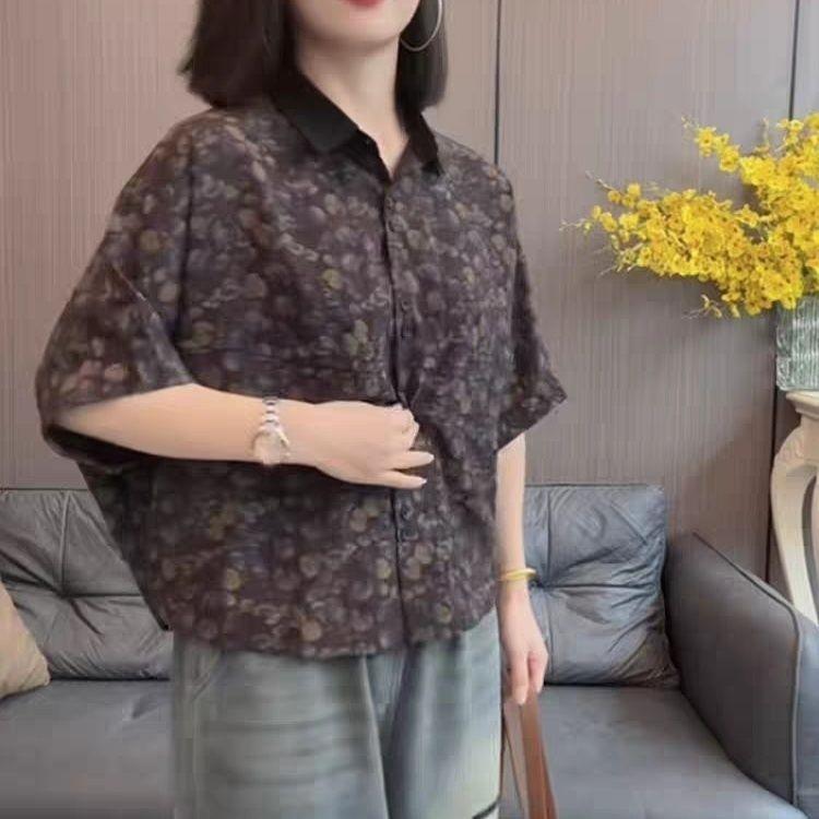 夏季女士休闲印花蝙蝠袖衬衫G洋气妈妈装新款透气时尚翻领上衣
