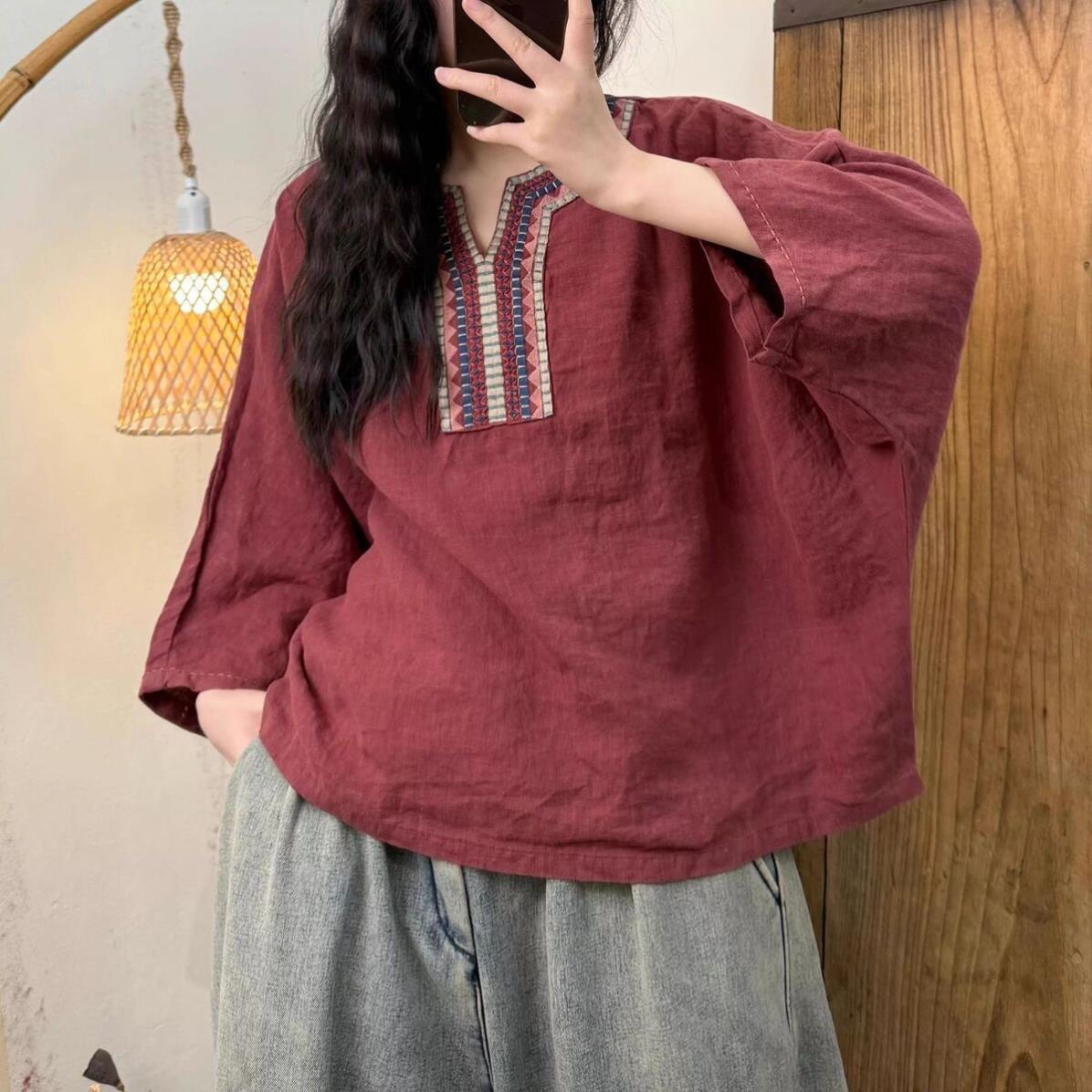 重工民族风刺绣棉麻衬衫女复古勾线七分袖衬衣套头大码宽松上衣