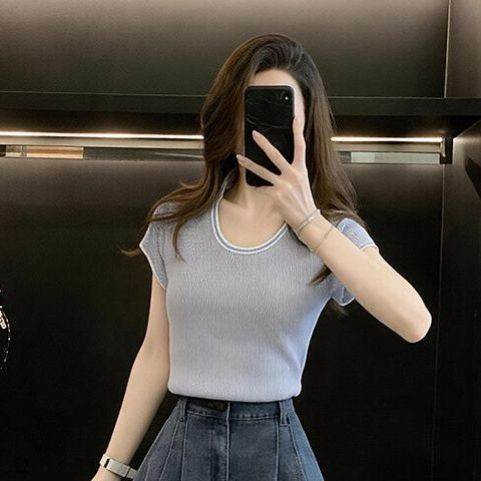 夏小清新纯欲短袖针织衫高腰牛仔百褶裙裤显瘦新款女神范套装贵感