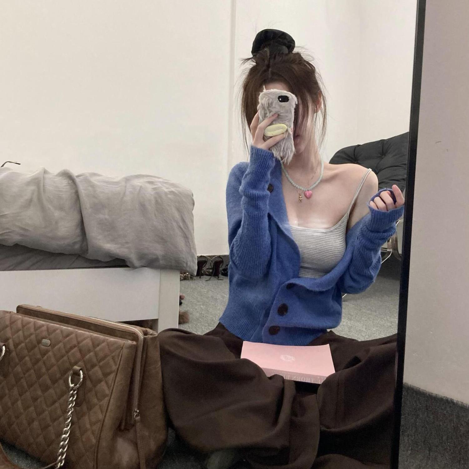 韩系蓝色针织开衫外套女装小个子宽松休闲慵懒气质收腰上衣爆款