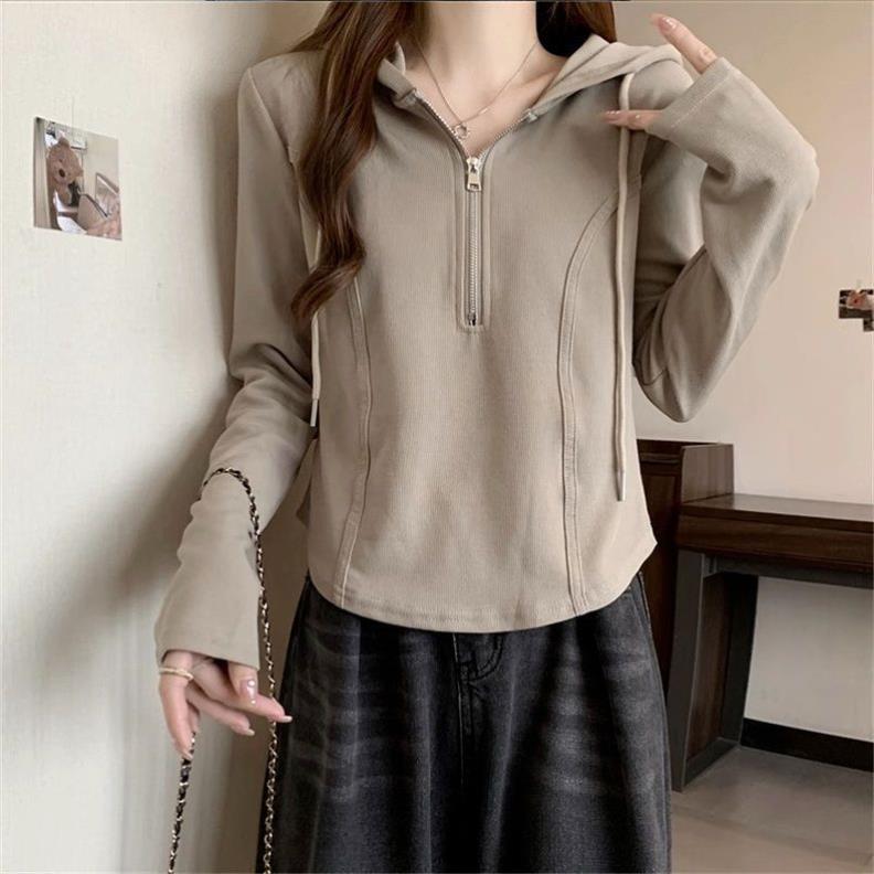 胖mm大码女装鱼骨显瘦半拉链连帽长袖t恤秋冬棉打底衫上衣服200斤