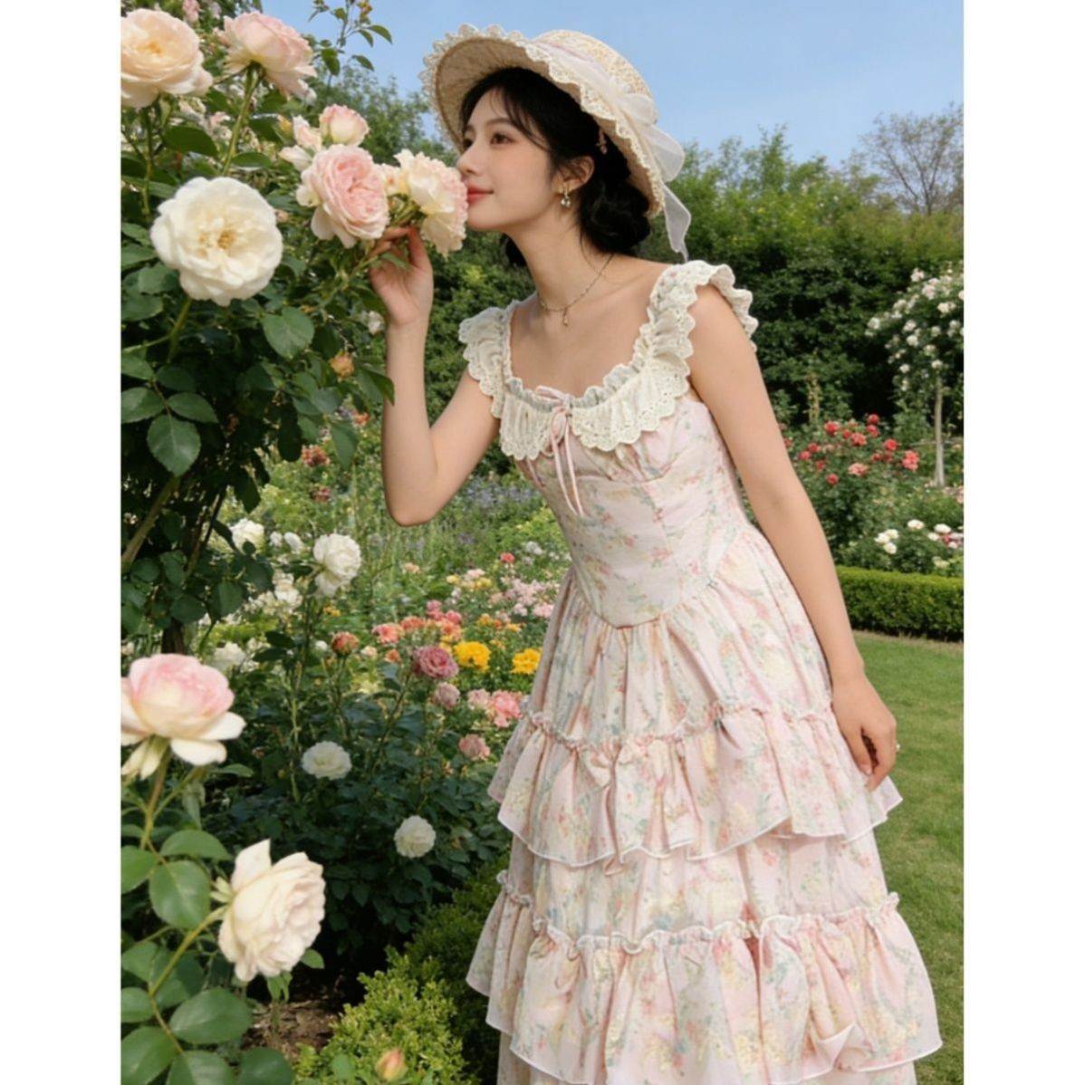 法式甜美粉色碎花连衣裙女夏日绝美温柔仙女公主蛋糕裙蓬蓬长裙子
