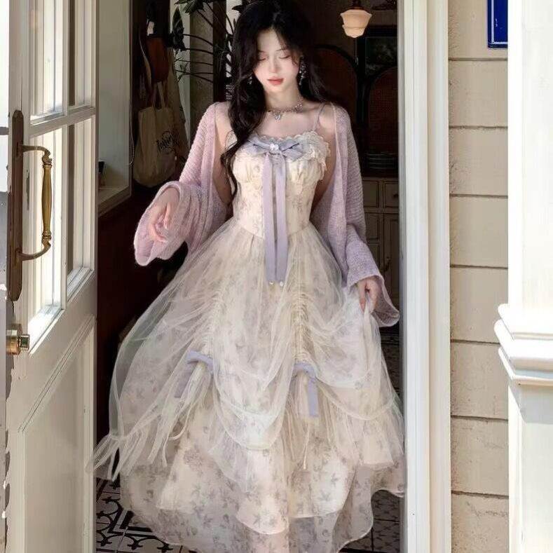 大码胖mm幽兰浮梦超仙温柔防晒开衫+碎花网纱吊带连衣裙两件套