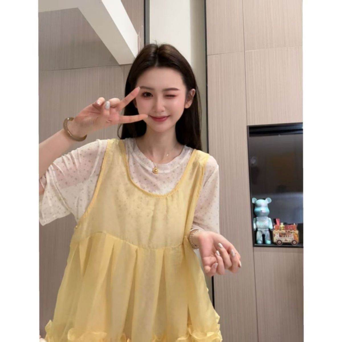 网纱T恤女夏季新款甜美小清新宽松显瘦双层蕾丝花边衬衫两件套