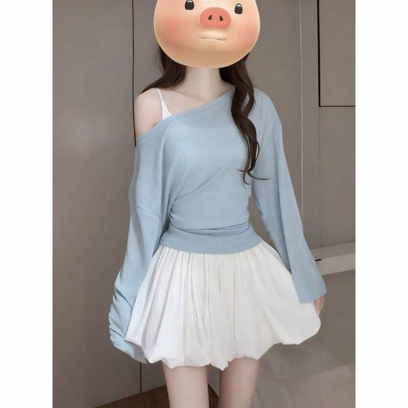 长袖罩衫+短裙韩系甜美套装女夏季少女百搭短袖花苞短裙两件套ins