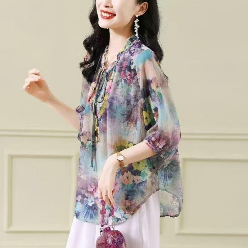 大码妈妈装雪纺衫女夏季碎花高端复古宽松遮肚子显瘦高贵洋气上衣