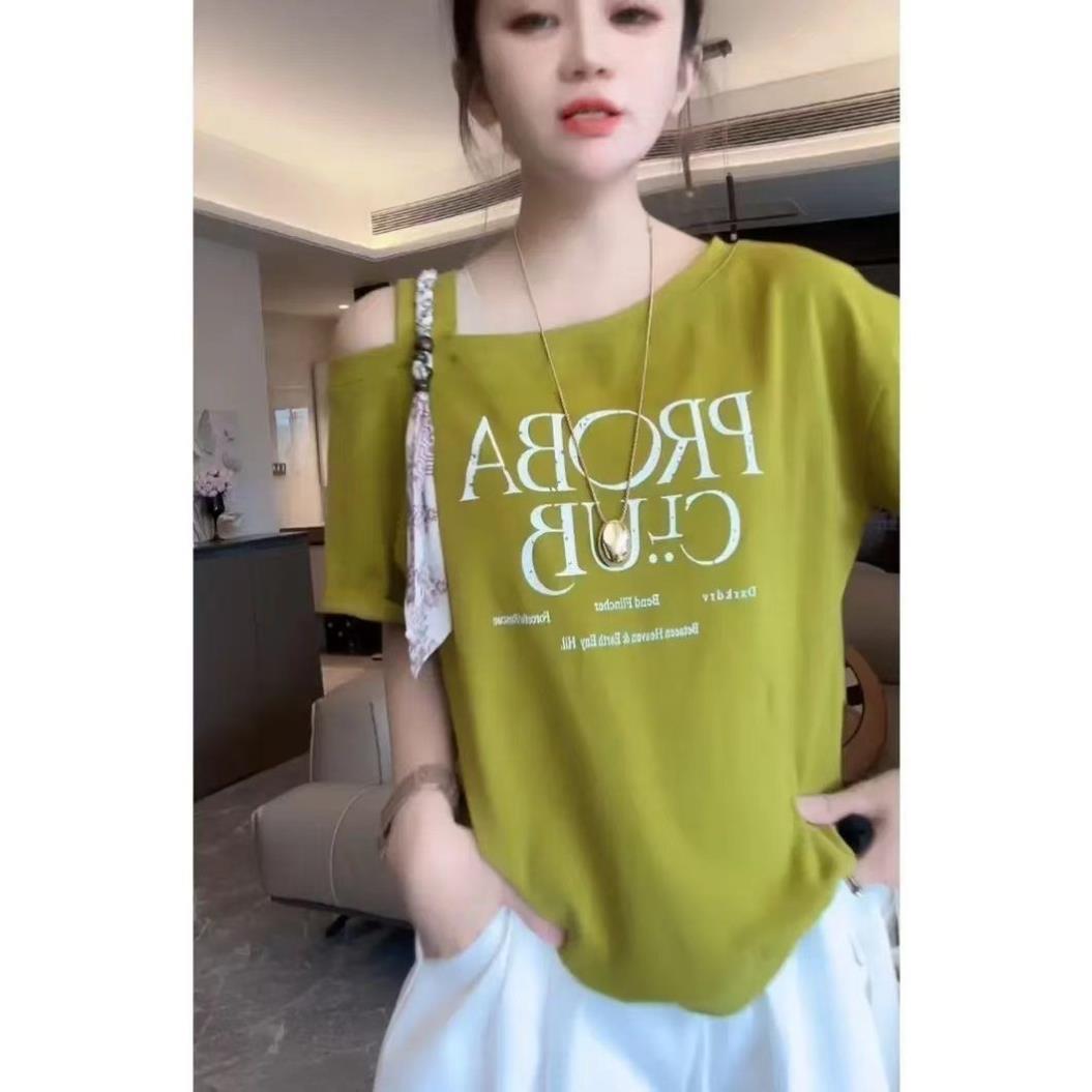 新款丝带斜肩短袖女白色多巴胺chic明媚小众高级约会轻奢舒适百搭