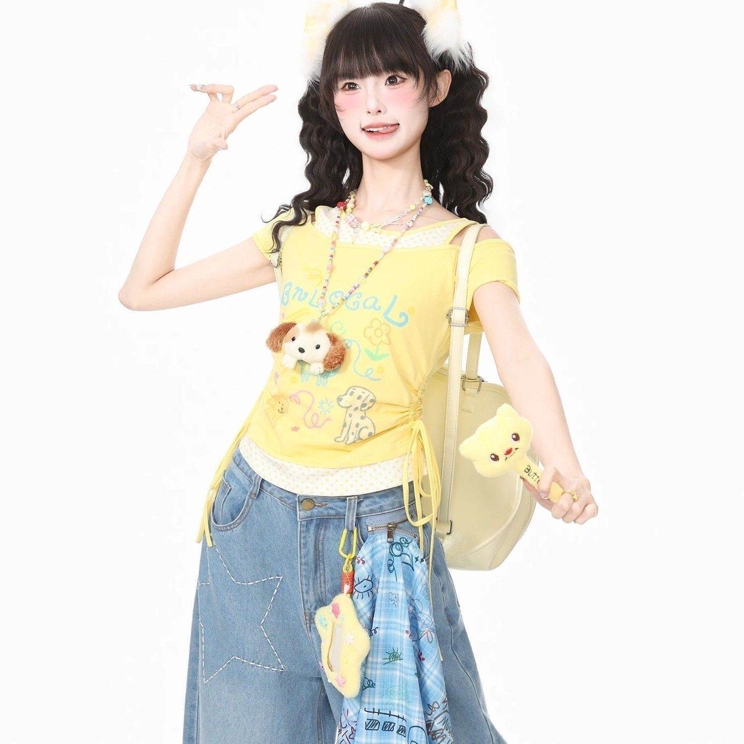 卡通印花波点拼接挂脖假两件露肩短袖T恤女夏季抽绳短款显瘦上衣