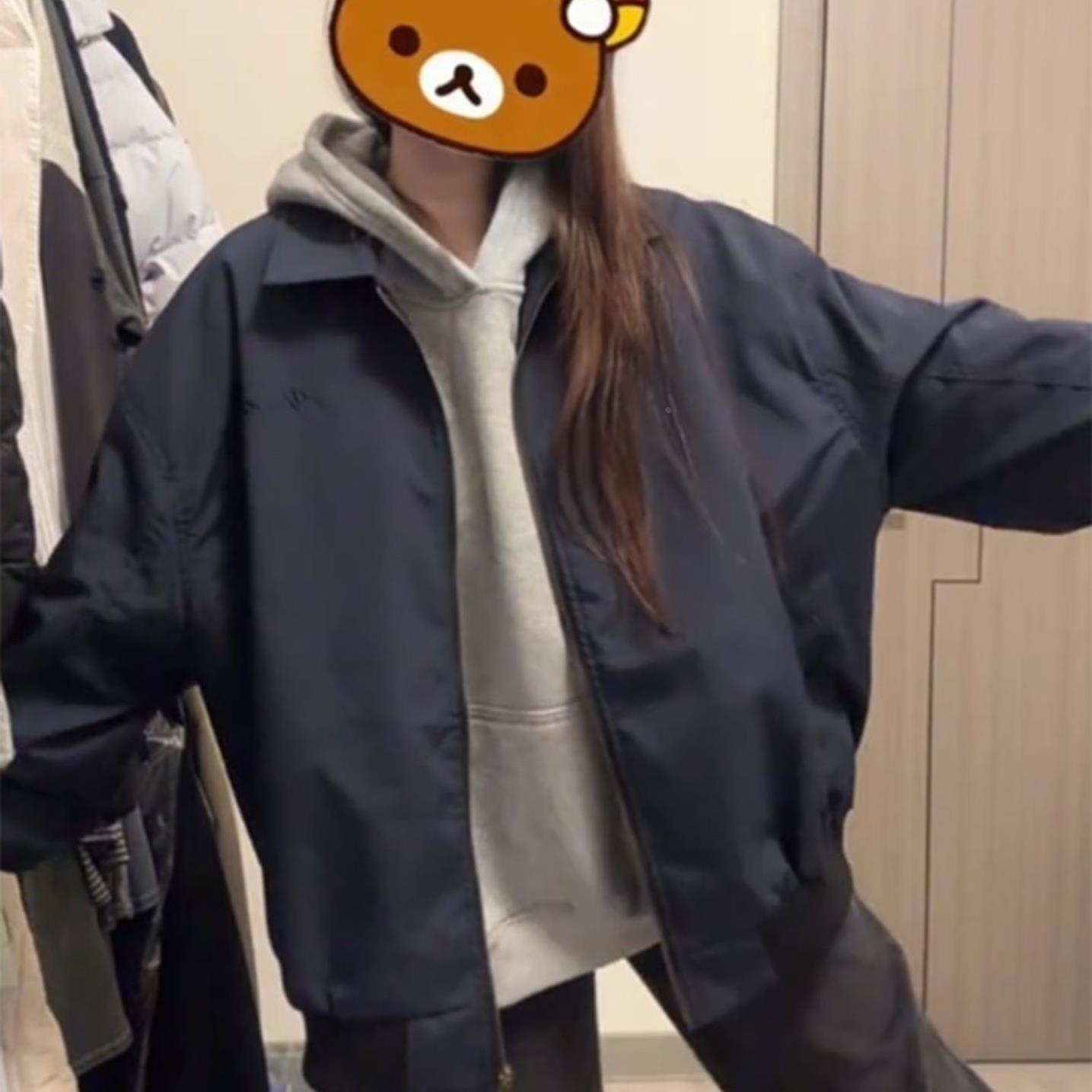 藏青色美式复古翻领夹克新款早秋外套女休闲宽松棒球服开衫上衣