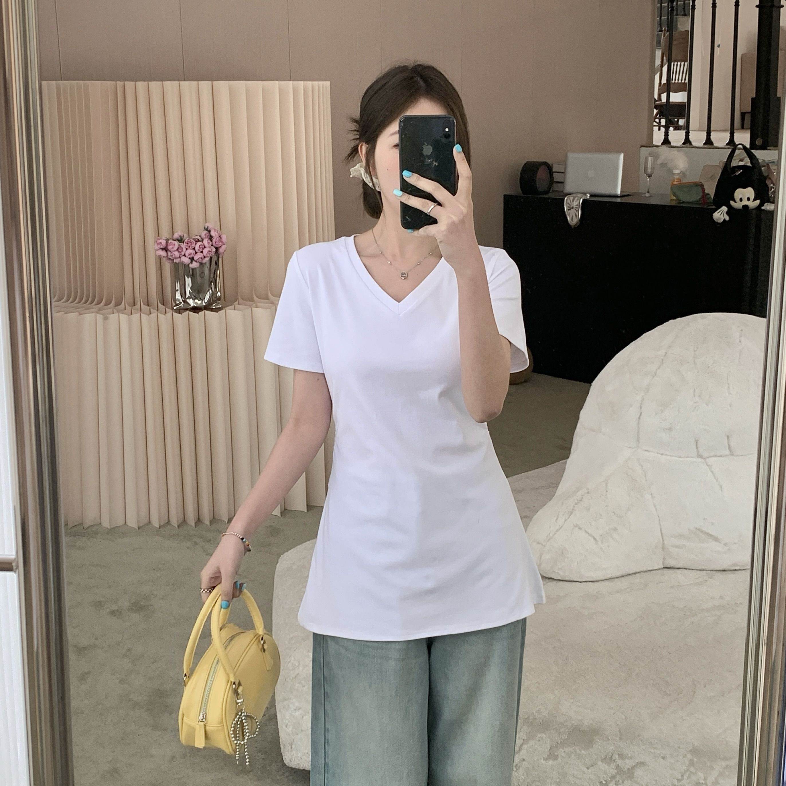 胖mm大码V领正肩夏季新款褶皱收腰遮肚显瘦中长款别致甜美短袖T恤