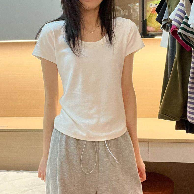 经典基础款U领棉短袖t恤女夏季灰色露锁骨打底衫修身显瘦上衣潮