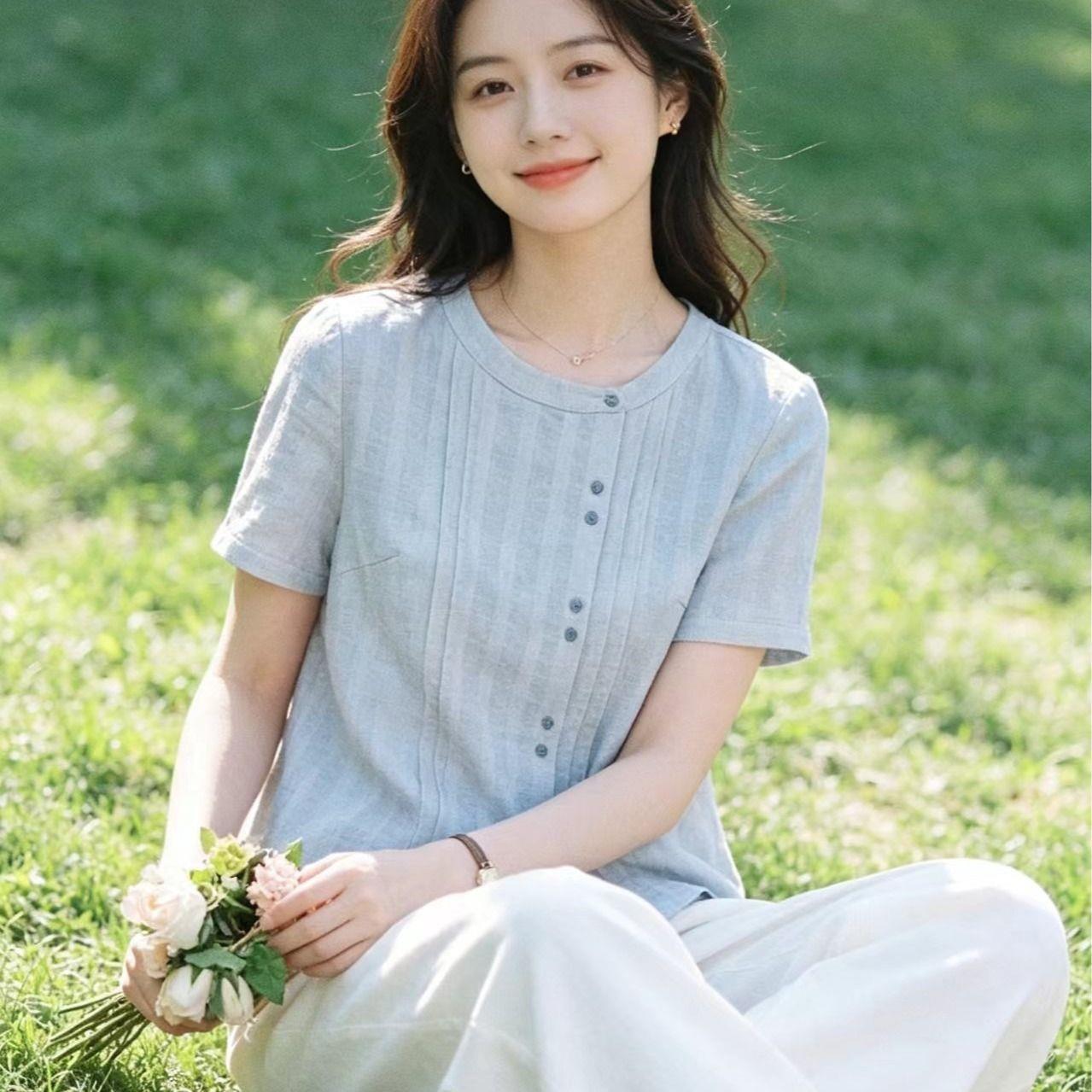 夏季薄款短袖棉麻小衫女温柔高端气质衬衫收腰遮肉百搭通勤上衣