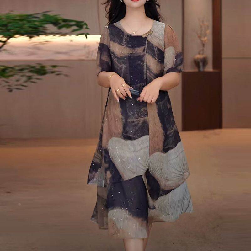高档贵夫人时尚印花短袖连衣裙中老年妈妈宽松遮肉显瘦大码中长裙