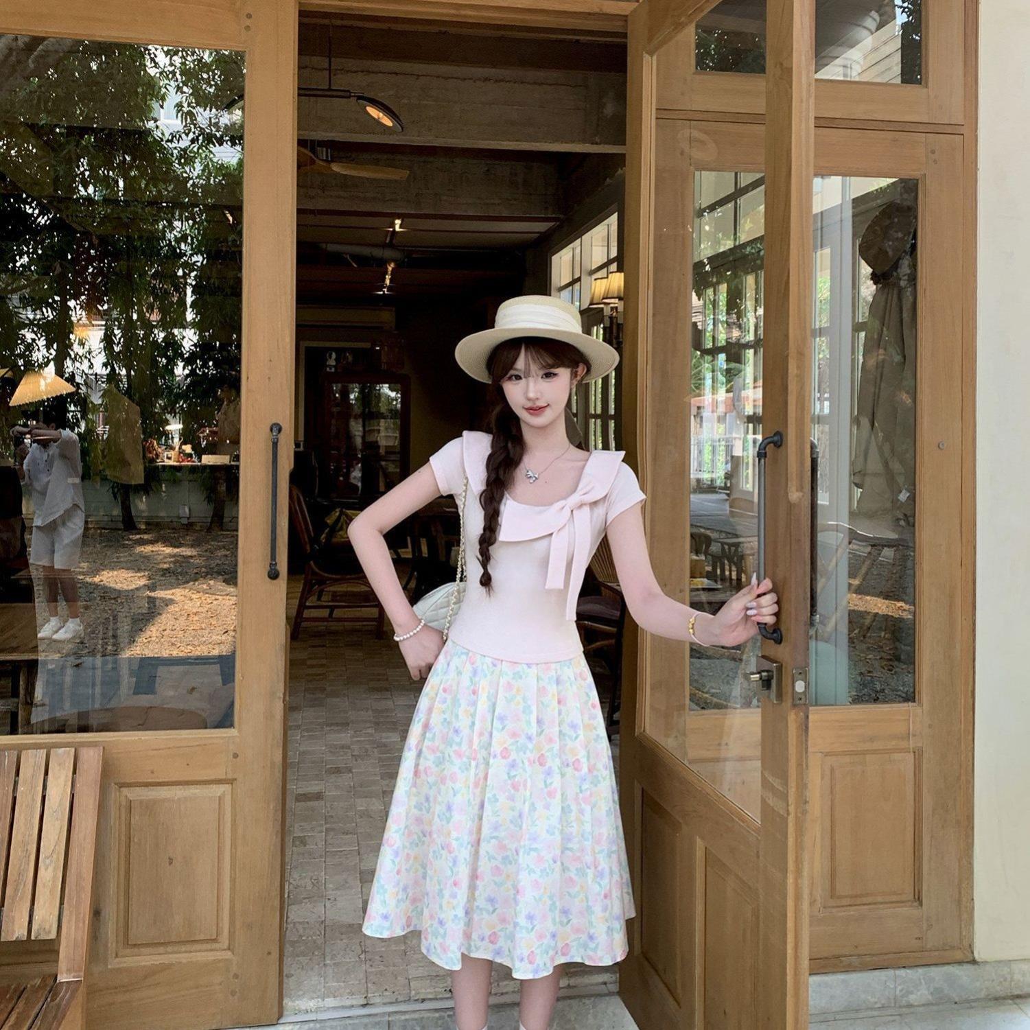 日系弹力修身短袖上衣T恤半身裙两件套夏季甜美风少女碎花裙套装