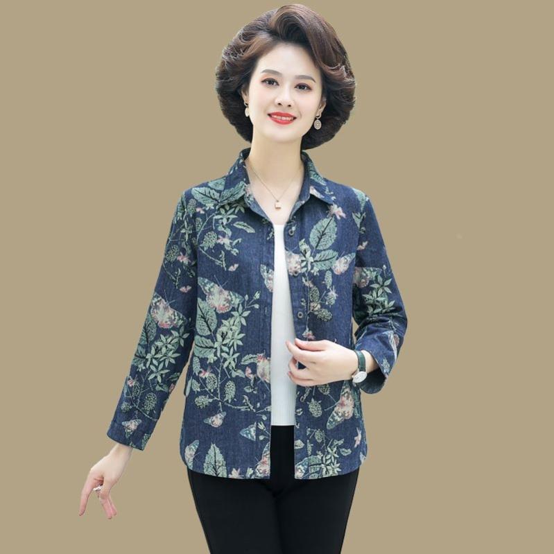 棉牛仔衬衫女士洋气中老年春装新款长袖上衣妈妈装宽松全棉衬衣