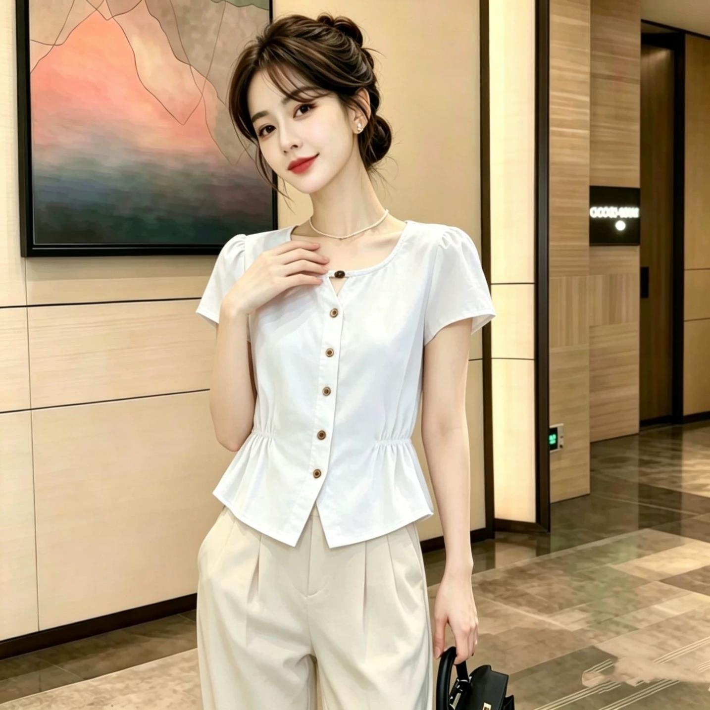 夏季新款时尚洋气泡泡袖设计感圆领修身百搭纯色衬衫女上衣短袖