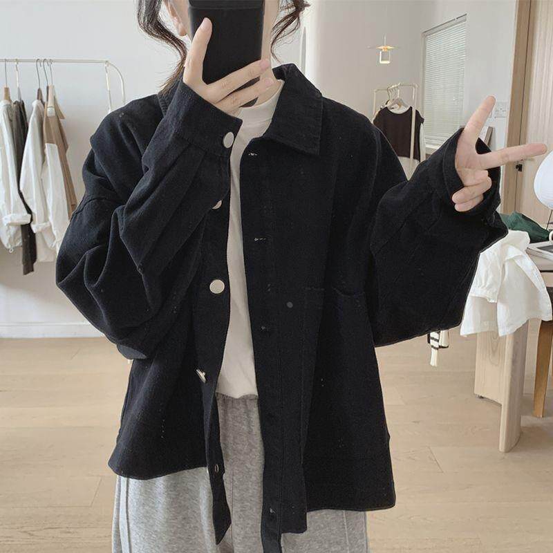 棉工装外套女 春秋季新款韩版宽松显瘦 大口袋长袖复古简约上衣