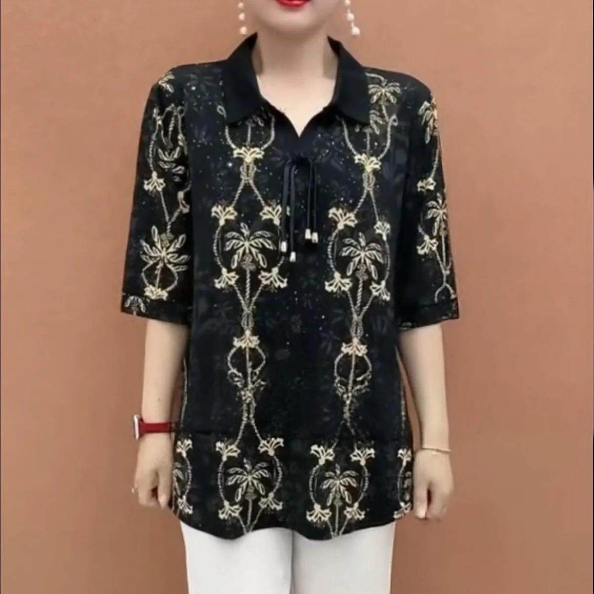 高档夏季加肥加大码翻领中袖衬衫女宽松遮肚时尚洋气中老年妈妈衫