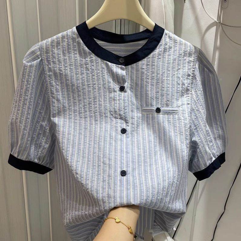 韩系休闲减龄拼色圆领竖条纹短袖衬衣女2025夏季新款宽松显瘦上衣