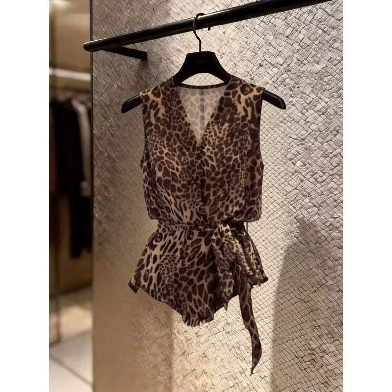 复古豹纹V领无袖雪纺衬衫女夏季薄款收腰设计感小众绑带别致上衣