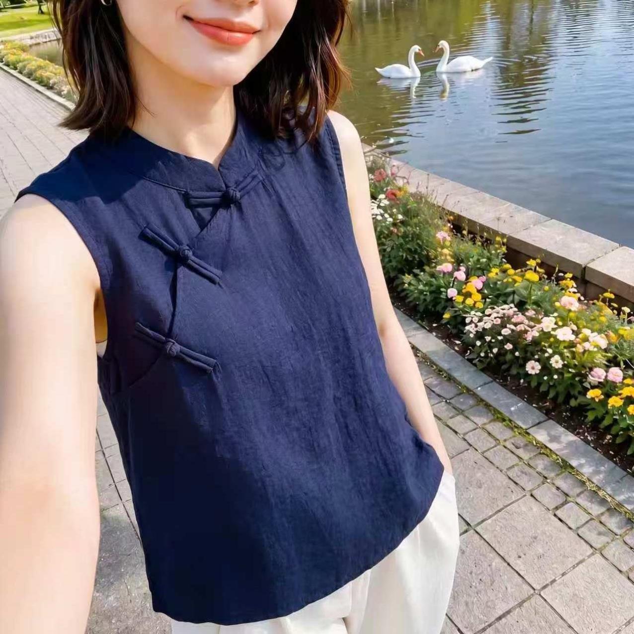 新中式紫色无袖马甲背心女夏季复古盘扣立领改良旗袍上衣短款遮肚