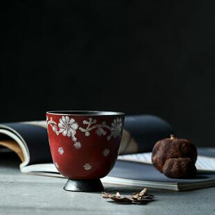 晴先生版刻鎏银大号故宫红景德镇手绘文人主人杯赤红古拙陶泥茶杯