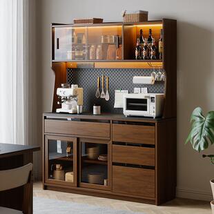 餐边柜靠墙一体青罗记实木橡木胡桃色家用厨房储物酒柜茶水收纳柜