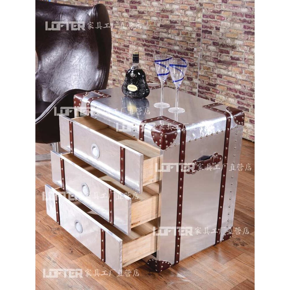 星涛家具美式乡村边柜 loft工业风角几铝皮铆钉箱式三抽沙发边柜