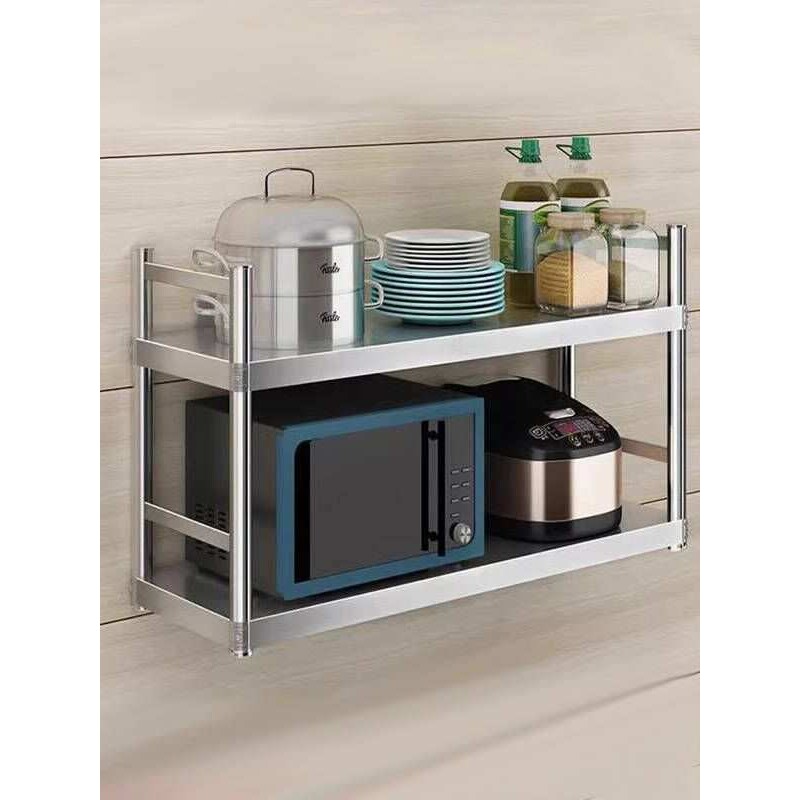 带护栏双层不锈钢厨房置物架微波炉烤箱调料上墙架两层壁挂墙上架