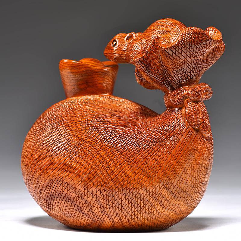 花饰梨木老鼠雕刻十二生肖木鼠头钱BDP袋意摆件家居吉祥物寓装工