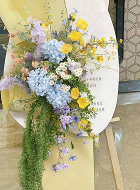 森系蓝色壁迎宾花艺花婚礼背TUN景挂垂吊花排店铺架水牌挂花仿真