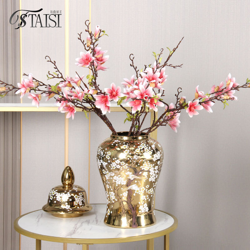 跨境电镀金色陶瓷小花瓶家插花中式花器花鸟中式摆回流瓷器工艺品