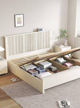 奶风实AFB木双人简油约现代主卧大奢箱床1.8m美式轻高储物床白色