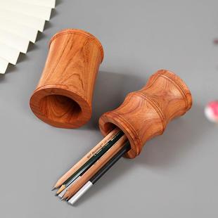1304花梨木桌面圆形笔筒中实式木复古摆件收文化妆具刷文玩纳筒茶