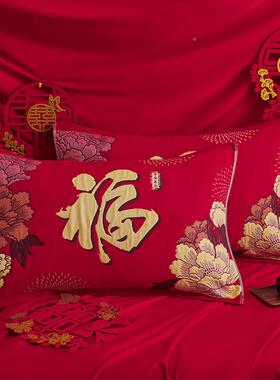 款婚庆纯棉防大红枕巾一对装新遮时尚中式复古73421亲肤透气脏丑