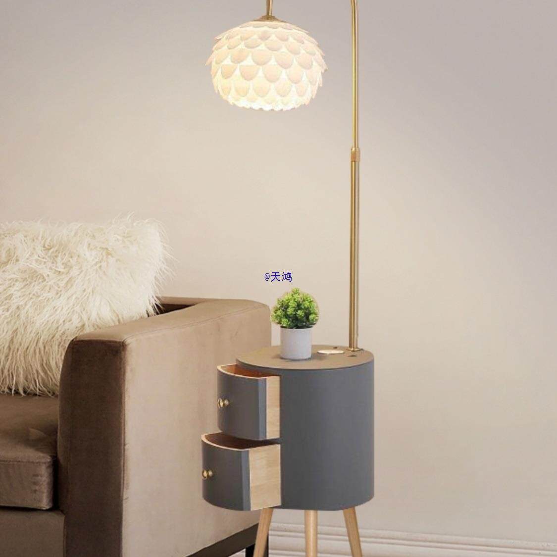 卧室落地灯客厅沙发边几光奶油风氛围感复古置物架床头柜一体台灯
