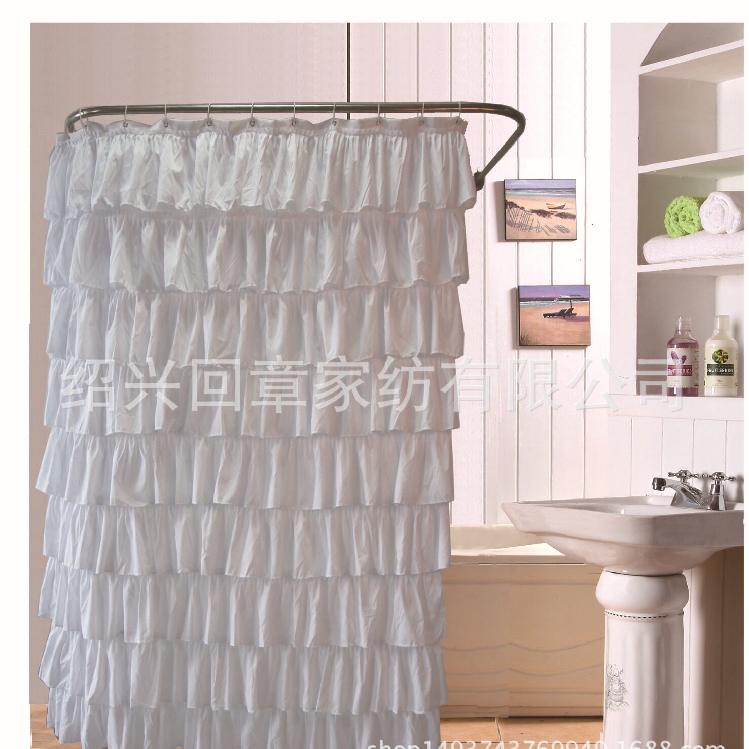 大花边纯手工防水防霉浴帘 涤纶布 送C塑料挂钩浴室帘 厂家直销