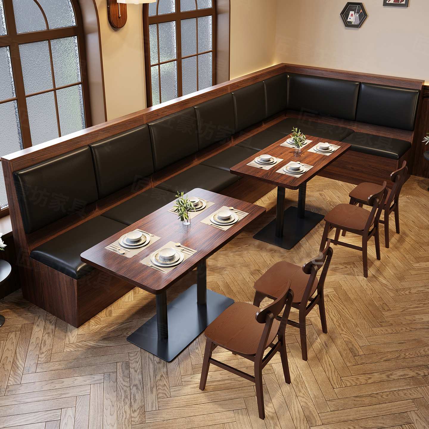复古西餐厅咖啡厅卡座桌椅组合实木奶茶店商用餐桌甜品烘焙店法式