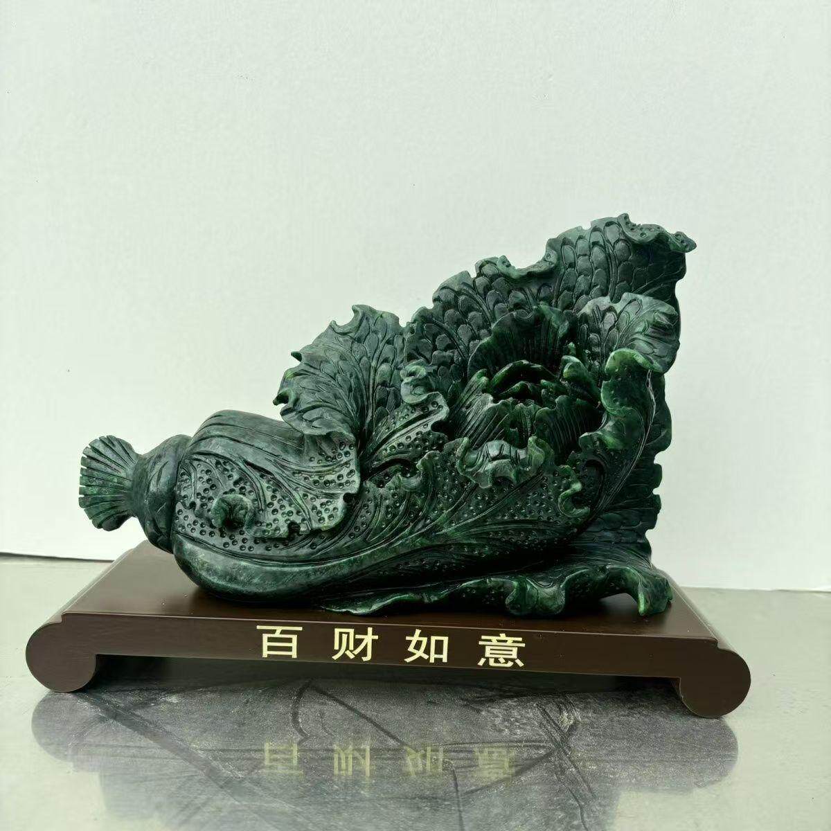 天然新疆和田玉碧玉白菜百财来聚雕刻聚财催财遇百财镇宅风水摆件